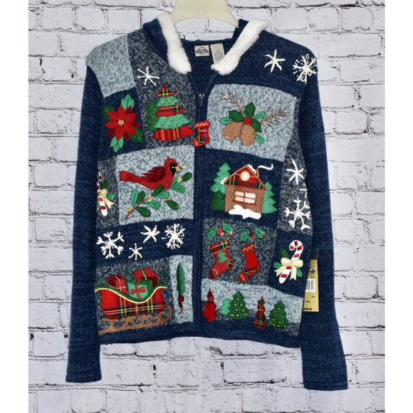 Christmas Holiday Party Sweater Shaver Lake  Full Zip Small Hoodie Cardigan - Picture 1 of 9